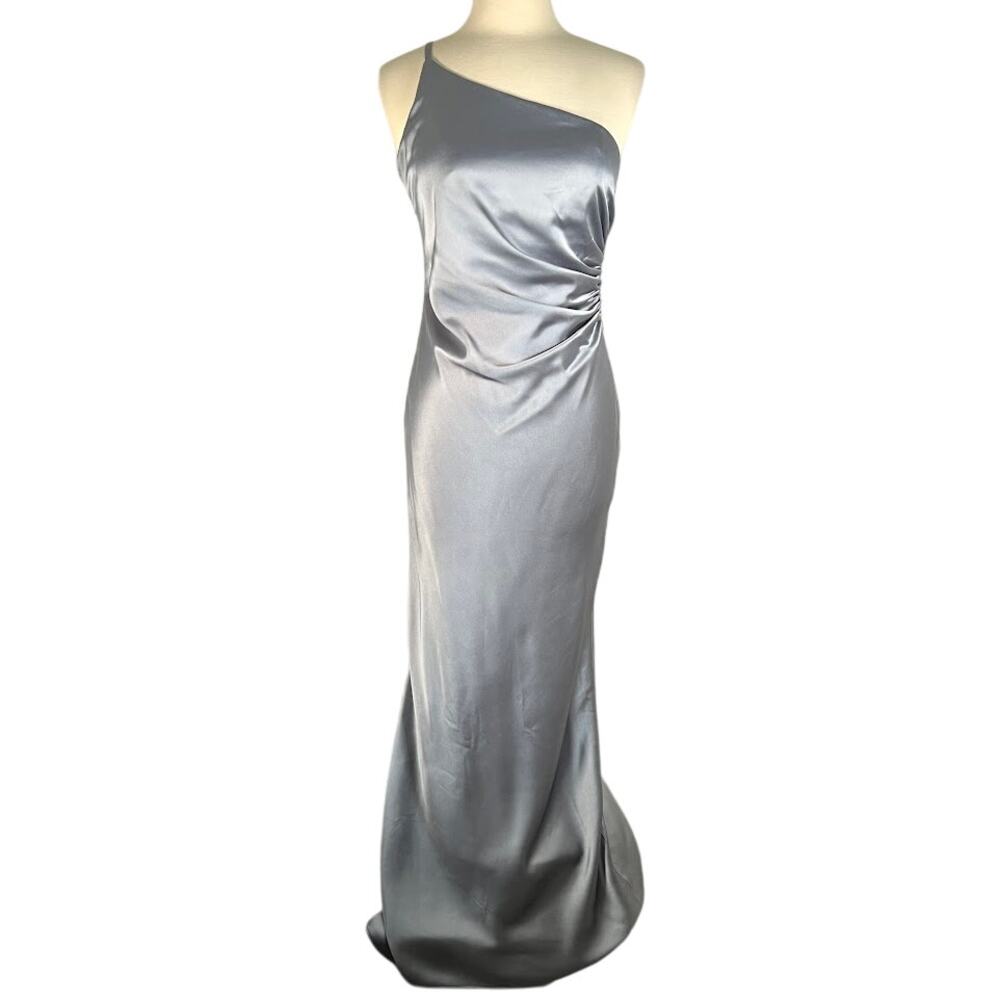 Revelry Women's Satiny Draped One Shoulder Evening Dress 6 Gray Cocktail